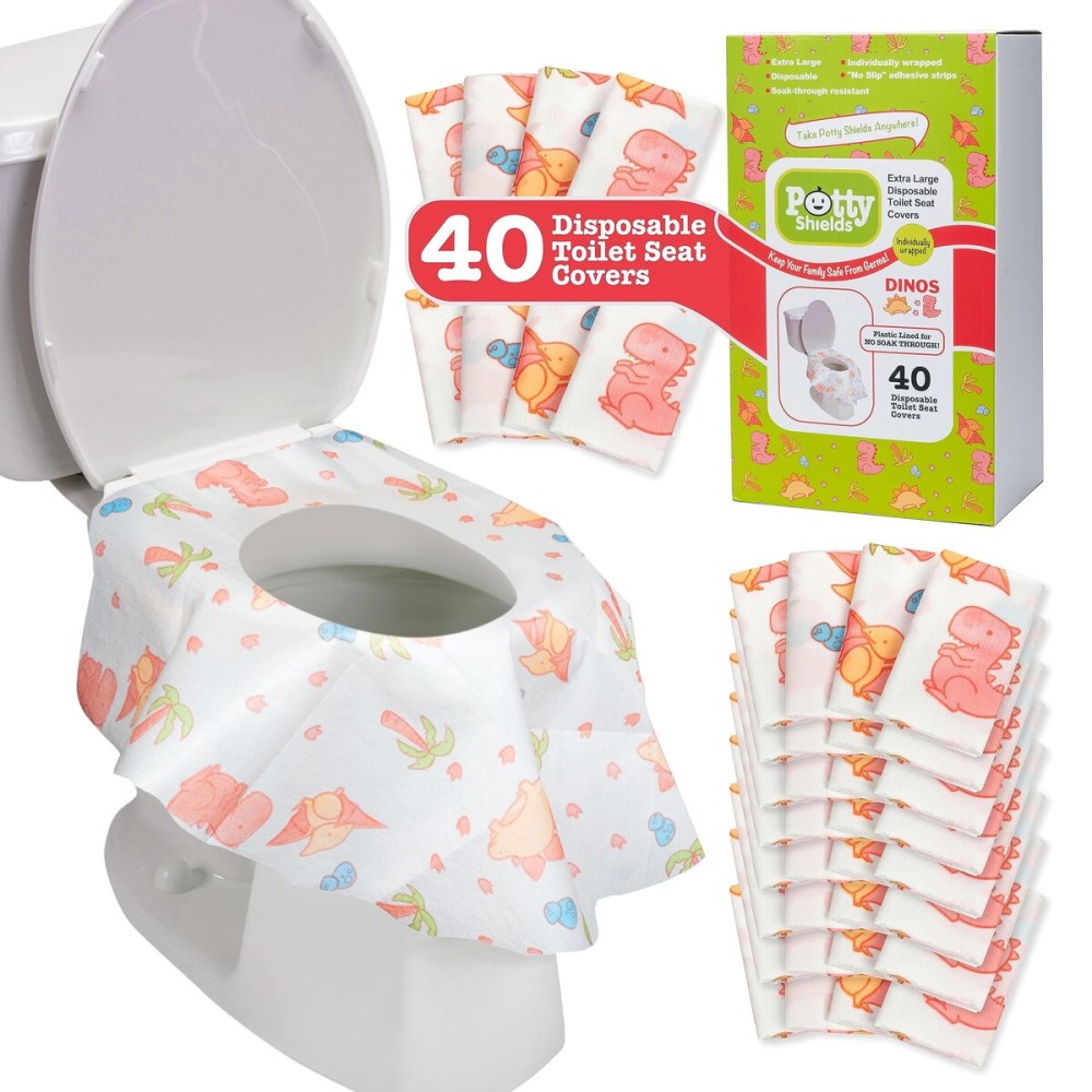 Potty Shields Toilet Seat Covers Disposable (40 pk, Dinosaurs) - XL Waterproof Toilet Cover for Toddlers, Kids & Adults - Portable & Individually Wrapped for Travel, Potty Training, Public Restrooms
