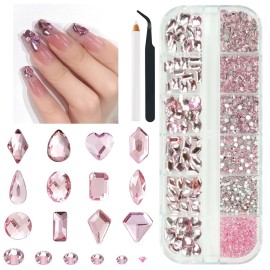 qiipii 2052Pcs Pink Nail Rhinestones Light Pink Rhinestones for Nails 72 Multi Shapes Big Gems +1980 Flatback Round Beads K9 Glass Crystals Diamonds Jewels Nail Charms Nail Art for Nails Faces Makeup