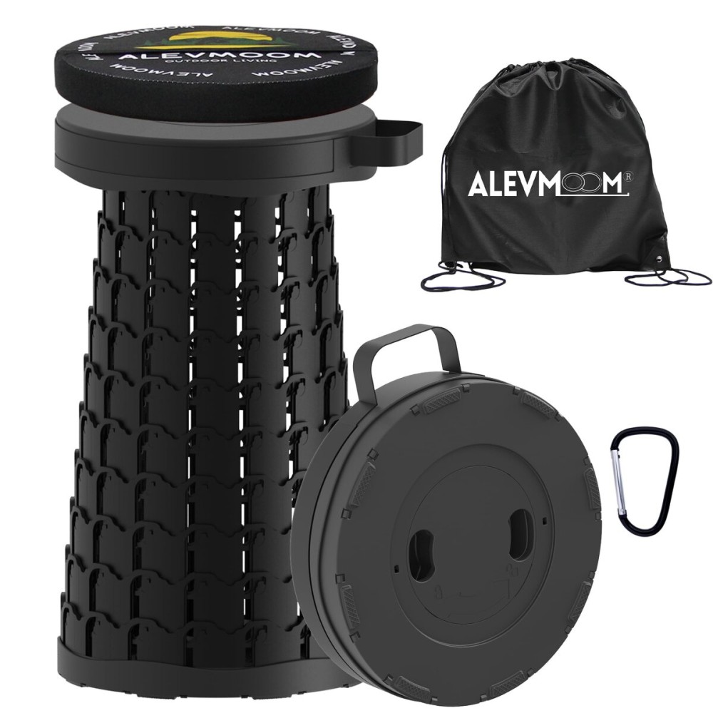 ALEVMOOM Upgraded Collapsible Stool with Cushion & Bag, 18 H Portable Retractable Telescoping Folding Stool for Adults, Lightweight But Sturdy Capacity 600 lbs for Camping Fishing Hiking Travel