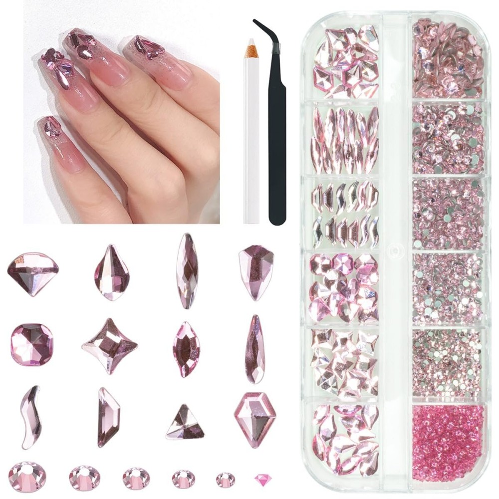 qiipii 2052Pcs Pink Nail Rhinestones 12 Shapes Light Pink Rhinestones for Nails Flatback K9 Glass Gems Round Beads Stones Diamonds Crystals Nail Charms Art Supplies for Nails Face Eyes Makeup Crafts