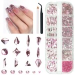 qiipii 2052Pcs Pink Nail Rhinestones 12 Shapes Light Pink Rhinestones for Nails Flatback K9 Glass Gems Round Beads Stones Diamonds Crystals Nail Charms Art Supplies for Nails Face Eyes Makeup Crafts