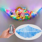 Unicorn Castle Stuffed Animals Net Hammock Kids Toy Storage with LED Light Plush Toy Organizer Corner Hanging Stuffed Animals Holder For Nursery Kids Girls Room Decor
