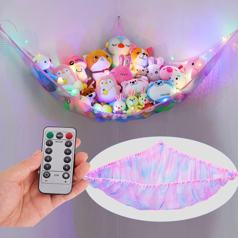 Unicorn Castle Stuffed Animals Net Hammock Kids Toy Storage with LED Light Plush Toy Organizer Corner Hanging Stuffed Animals Holder For Nursery Kids Girls Room Decor