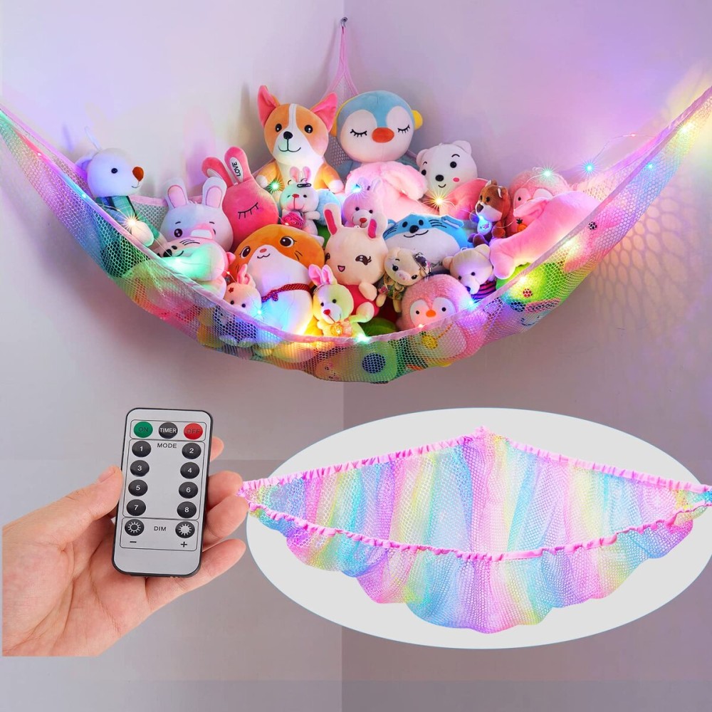 Unicorn Castle Stuffed Animals Net Hammock Kids Toy Storage with LED Light Plush Toy Organizer Corner Hanging Stuffed Animals Holder For Nursery Kids Girls Room Decor