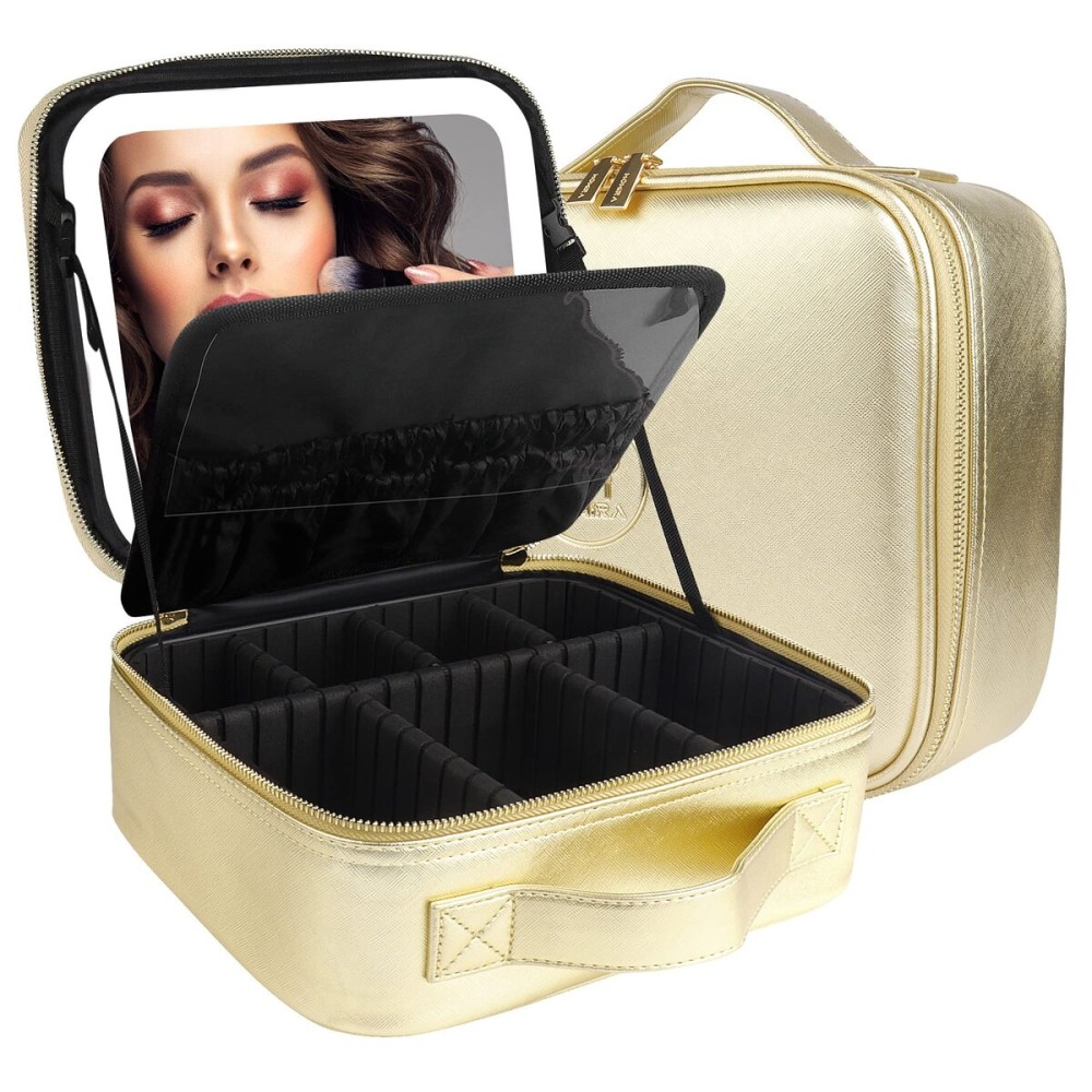 MOMIRA Travel Makeup Bag Cosmetic Bag Makeup Organizer Bag with Lighted Mirror, Adjustable Brightness in 3 Color Scenarios, Waterproof Makeup Train Case, Gift for Women - Golden