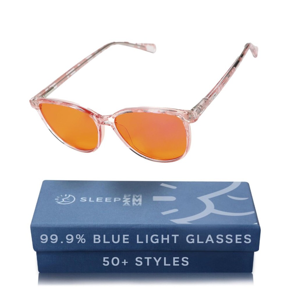 Sleep ZM Blue Light Blocking Glasses for Women + Men - Better Sleep + Anti Eye Strain Protection - Computer Screens & Gaming - Pink Warrior - 99% Night-time Amber Lens
