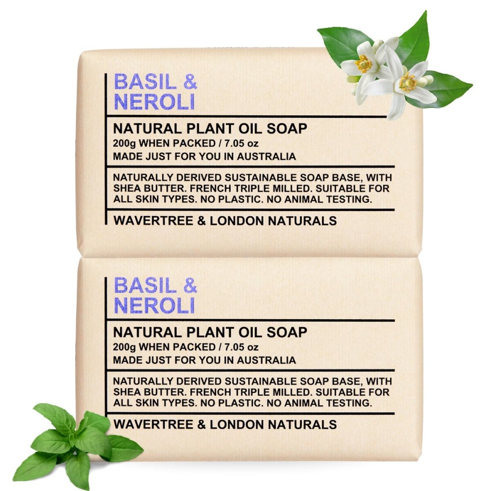Wavertree & London Basil & Neroli Scented Natural Soap Bars (2 Bars), 7oz Moisturizing French Triple Milled Soap enriched with shea butter - Plant Oil Bath & Body Soap Bars [100% Naturally derived]