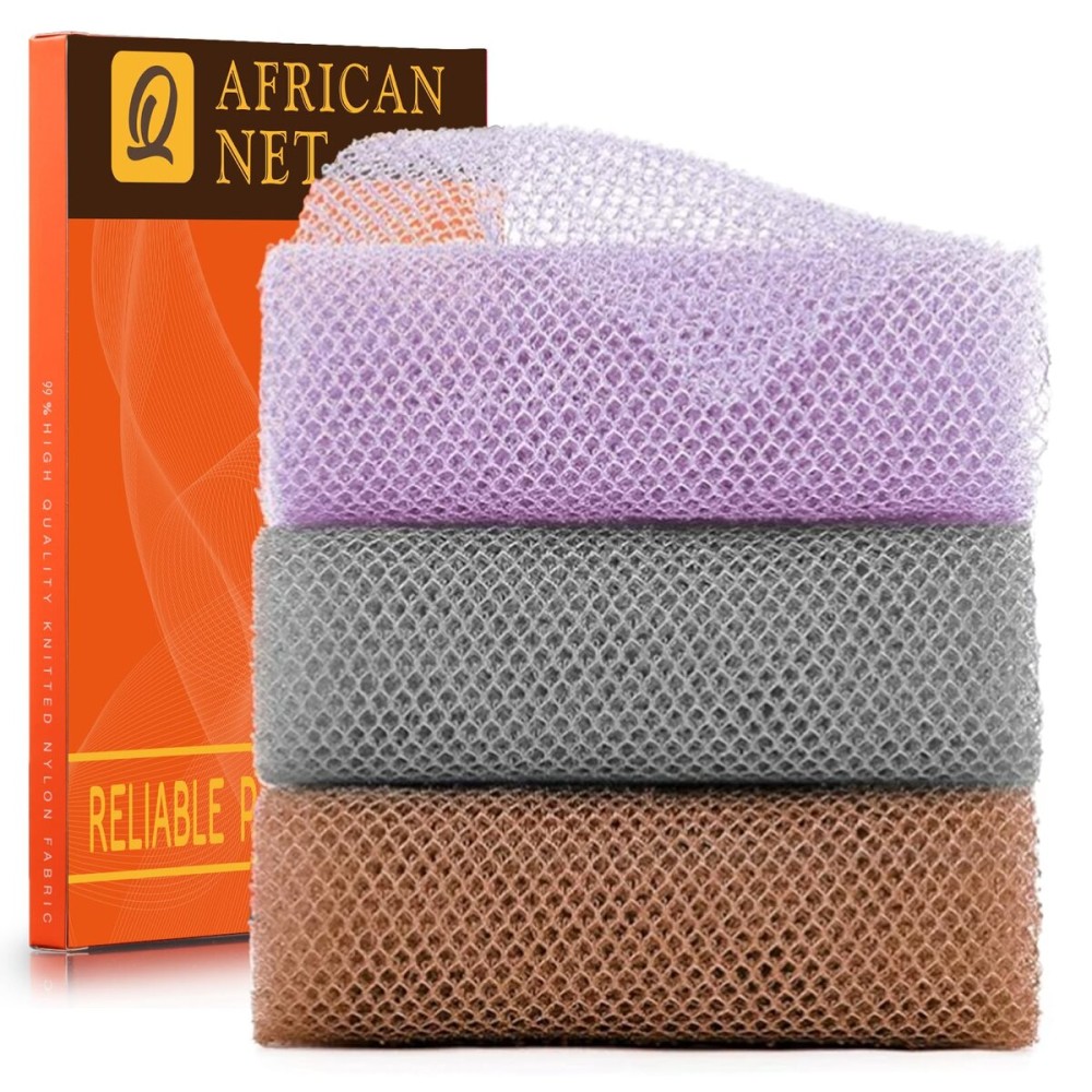 UJFQBH 3 Pieces African exfoliating net African Net Long Net Bath Sponge Exfoliating Shower Body Scrubber Back Scrubber Skin Smoother,Great for Daily Use (PurpleGrayBrown)