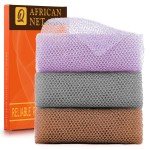 UJFQBH 3 Pieces African exfoliating net African Net Long Net Bath Sponge Exfoliating Shower Body Scrubber Back Scrubber Skin Smoother,Great for Daily Use (PurpleGrayBrown)