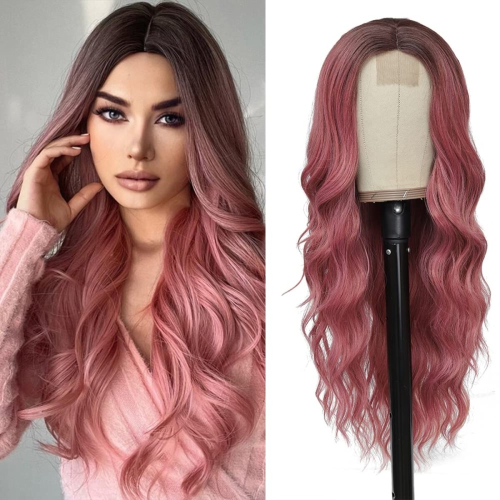 HMHIFI Long Wavy Pink Wig for Women 26 inch Curly Middle Part Ombre Hair Wig Natural Looking Upgraded Synthetic Protein Fiber Natural Looking Wig Cosplay Costume Wig(26\'\' Ombre Pink)