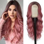 HMHIFI Long Wavy Pink Wig for Women 26 inch Curly Middle Part Ombre Hair Wig Natural Looking Upgraded Synthetic Protein Fiber Natural Looking Wig Cosplay Costume Wig(26\'\' Ombre Pink)