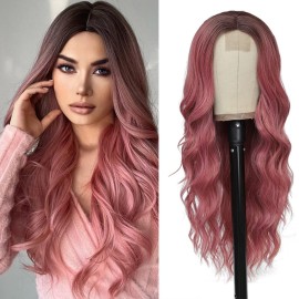 HMHIFI Long Wavy Pink Wig for Women 26 inch Curly Middle Part Ombre Hair Wig Natural Looking Upgraded Synthetic Protein Fiber Natural Looking Wig Cosplay Costume Wig(26\'\' Ombre Pink)