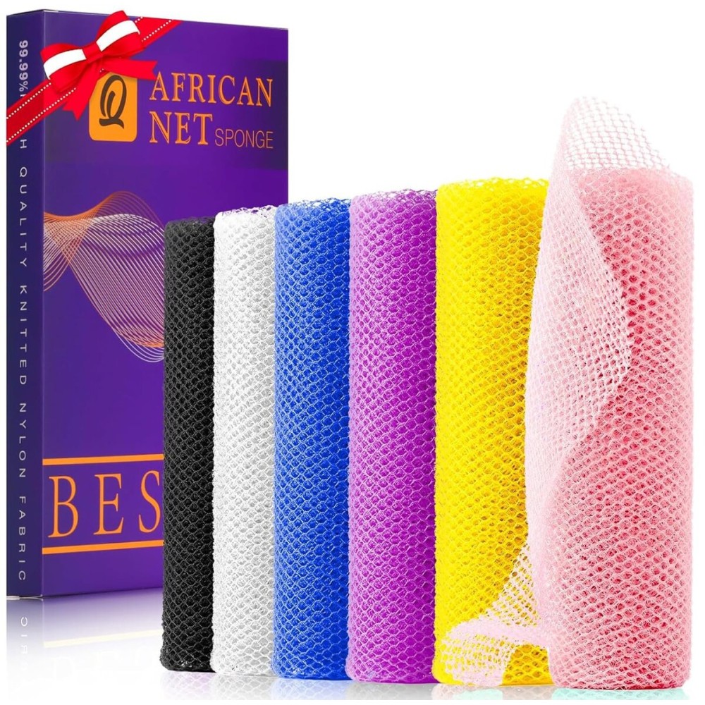 UJFQBH 6 Pieces African Bath Sponge African Net Long Net Bath Sponge Exfoliating Shower Body Scrubber Back Scrubber Skin Smoother,Great for Daily Use (Pink, Yellow, Purple, Blue, Black, Off-White)