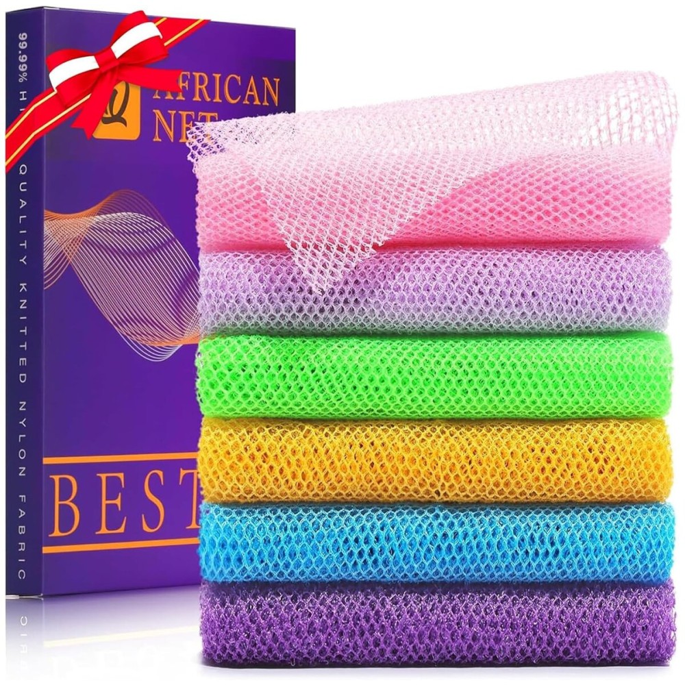 UJFQBH 6 Pieces African Bath Sponge African Net Long Net Bath Sponge Exfoliating Shower Body Scrubber Back Scrubber Skin Smoother,Great for Daily Use (Purple, Purple, Pink, Orange, Blue, Green)