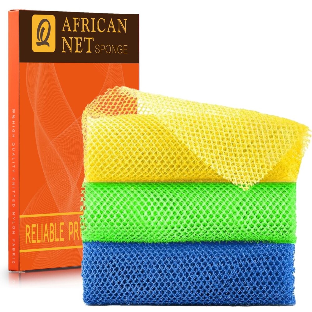 UJFQBH 3 Pieces African exfoliating net African Net Long Net Bath Sponge Exfoliating Shower Body Scrubber Back Scrubber Skin Smoother,Great for Daily Use (Yellow, Green, Blue)