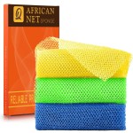 UJFQBH 3 Pieces African exfoliating net African Net Long Net Bath Sponge Exfoliating Shower Body Scrubber Back Scrubber Skin Smoother,Great for Daily Use (Yellow, Green, Blue)