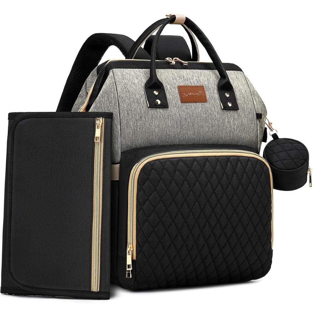 ROSEGIN Diaper Bag Backpack with Changing Pad, Pacifier Case, Baby Bag for Boy Girl Toddler - Large, Stylish, Waterproof Travel Quilted Diaper Bag for Mom - Baby Shower - Black Grey