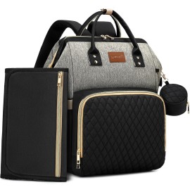 ROSEGIN Diaper Bag Backpack with Changing Pad, Pacifier Case, Baby Bag for Boy Girl Toddler - Large, Stylish, Waterproof Travel Quilted Diaper Bag for Mom - Baby Shower - Black Grey