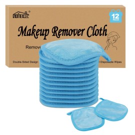 HOMEXCEL Makeup Remover Cloth 12 Count (Pack of 1), Reusable Makeup Remover Pads, Washable Ultra Soft Facial Cleansing Cloths For All Skin Types, 5 X 5 In, Blue