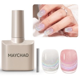MAYCHAO 15ML Rainbow Cat Eye Gel Nail Polish 1Pc Holographic Glitter Cat Eye Nail Polish with Magnet Soak off Magnetic Gel Polish for Nail Art Manicure Salon DIY at Home, 0.5 OZ