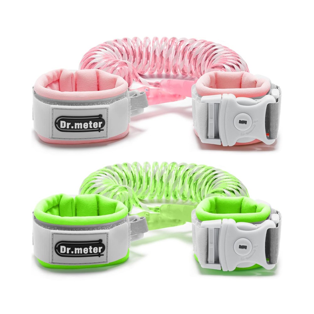 Dr.meter Anti Lost Wrist Link, 2 Pack Toddler Safety Leash with Key Lock, Reflective Child Walking Harness - Dual 8.2ft Length Pink & Green Kids Leash for Boys and Girls Outdoor Essencial