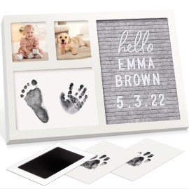 Baby Hand & Footprint Kit with Felt Letterboard, Inkless Ink Pad - Personalized New Mom Gifts for Baby Announcement, Cute Nursery Newborn Picture Frame,Ideal Dog Nose & Paw Print Kit(Alpine White)
