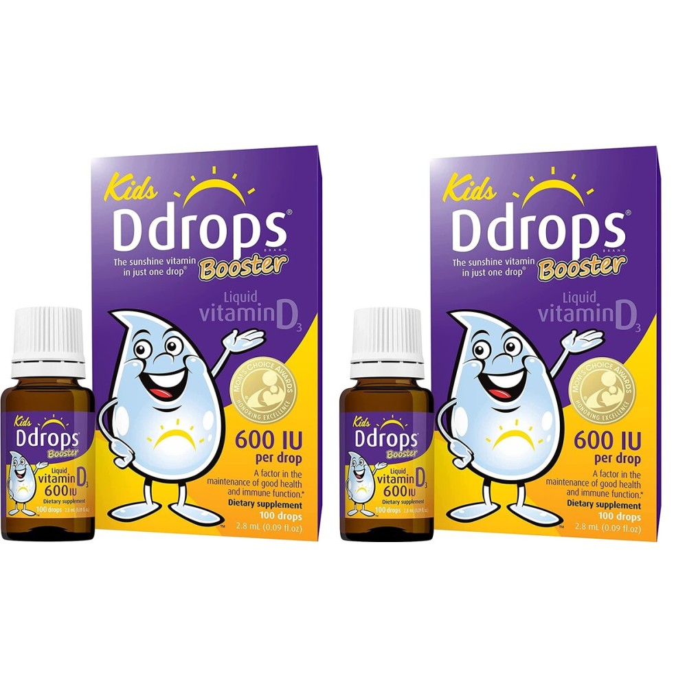 Ddrops Kids Booster 600IU 100 Drops - Daily Liquid Vitamin D for Kids. Support Strong Bones & Immune System in Children. No Preservatives, No Sugar, Non-GMO, Allergy-Friendly (Pack of 2)