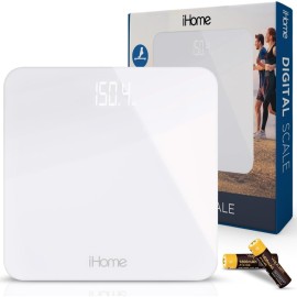 iHome Digital Scale, Bathroom Scale, Batteries Included, Scale Body Weight, Weight Scale, Digital Scale, Bathroom Scales for Weight, Digital Scales for Body Weight (White)