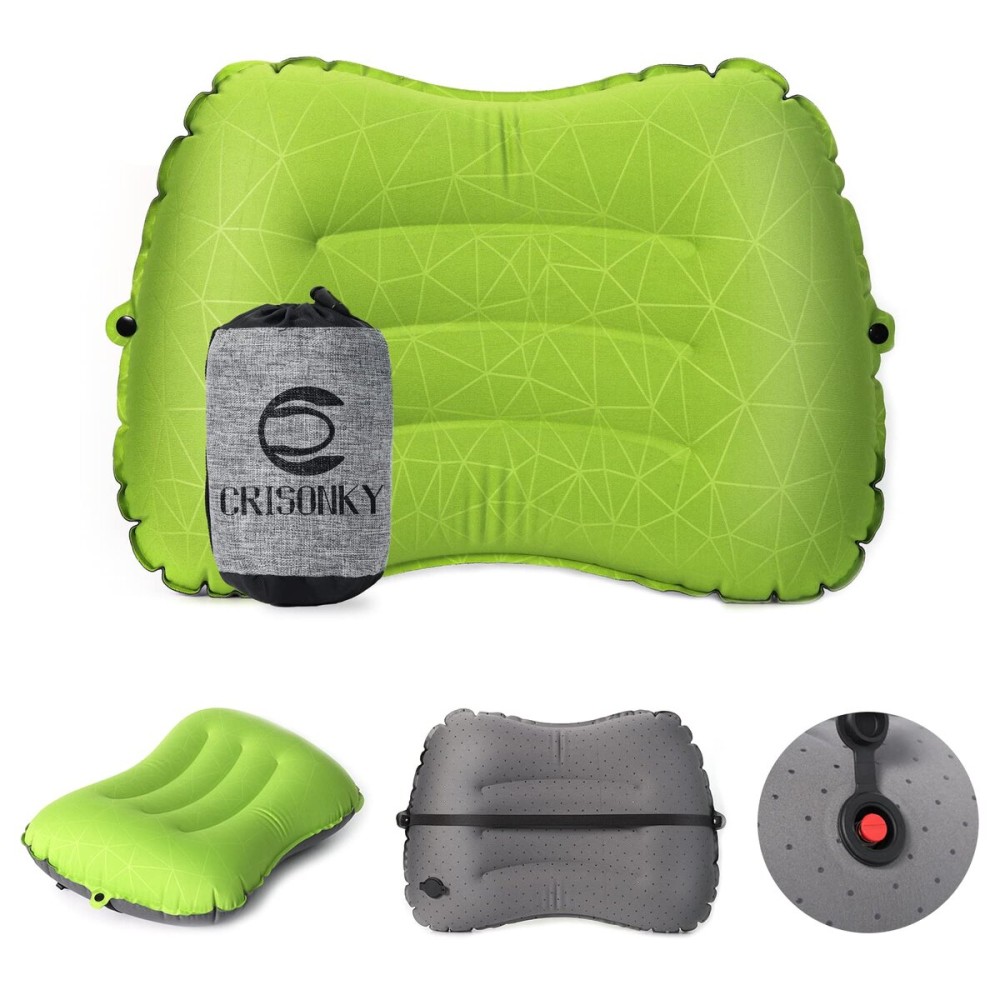 Crisonky Camping Pillow - Inflatable Pillow - Travel Pillows for Backpacking & Airplane, Lumbar Support 2.0 Blow Up Pillow, Ultralight Compressible, Comfortable, Ergonomic Pillows (Light Green)