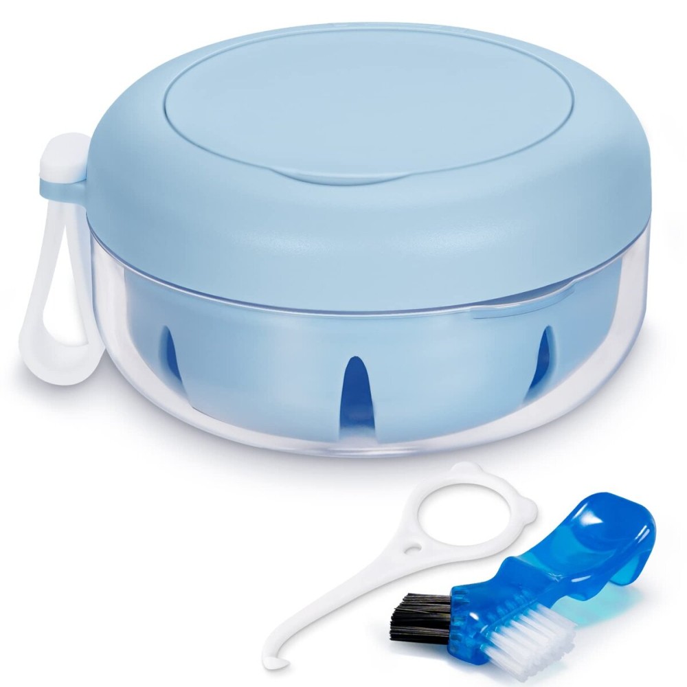 Netceem Leak Proof Denture Cup Kit Portable Retainer Case Perfect for Travel, Denture Case Container Cleaning Care for Dentures Aligner Mouth Guard with Denture Brush,Strainer, Removal Tool and Mirror