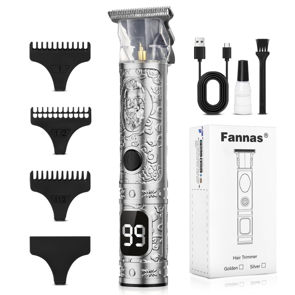 Fannas Hair Clippers for Men, Professional Hair Trimmer Barber Cordless Zero Gapped Hair Clippers with LCD Display, Mens Gifts Beard Trimmer T Liners Shavers Edgers Clipper for Hair Cutting - Silver
