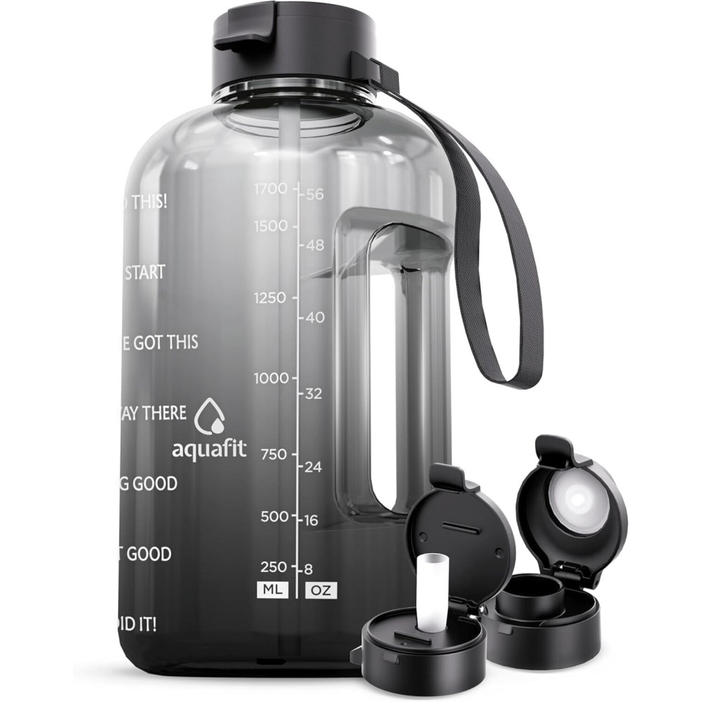 AQUAFIT Half Gallon Water Bottle with Time Marker - Straw & Chug Lid - BPA Free Gym Water Bottle with Straw - Big Gallon Jug (Midnight Gray, 64 oz - 2 Lids)
