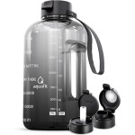 AQUAFIT Half Gallon Water Bottle with Time Marker - Straw & Chug Lid - BPA Free Gym Water Bottle with Straw - Big Gallon Jug (Midnight Gray, 64 oz - 2 Lids)