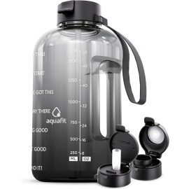 AQUAFIT Half Gallon Water Bottle with Time Marker - Straw & Chug Lid - BPA Free Gym Water Bottle with Straw - Big Gallon Jug (Midnight Gray, 64 oz - 2 Lids)