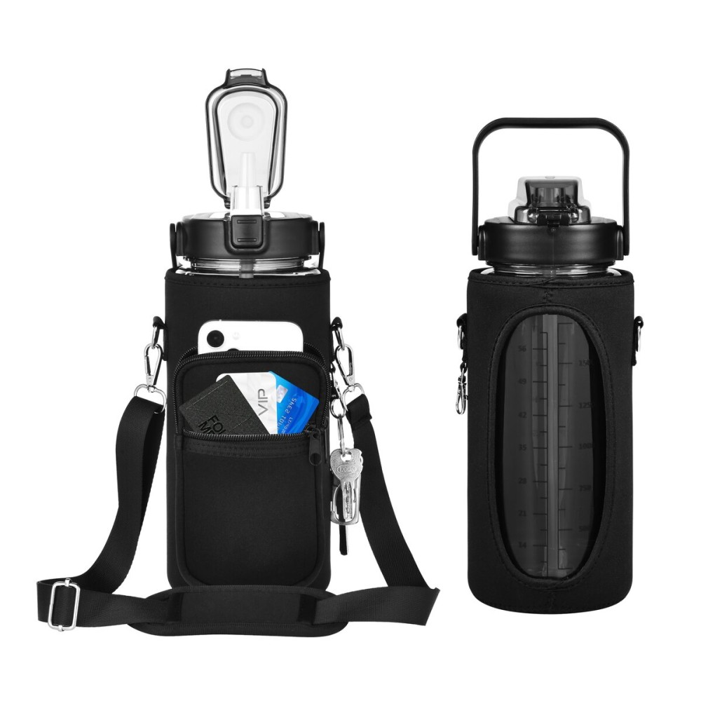 RYI Half Gallon Water Bottle with Sleeve & Strap 64 OZ Motivational Water Bottles with Straw Large Wide Mouth Water Jug with Time Marker for Fitness, Gym and Outdoor Sports, Leak-proof & BPA Free