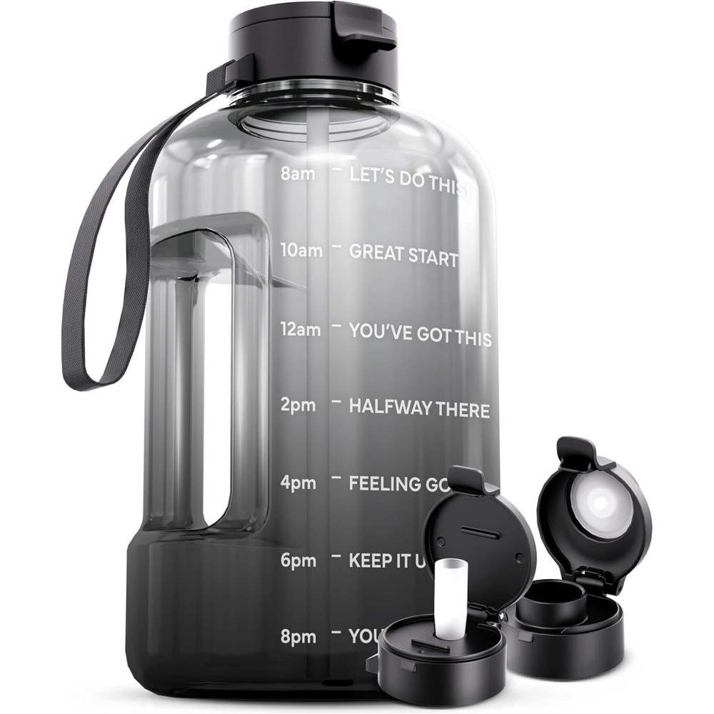 AQUAFIT 128 oz Water Bottle with Time Marker - Straw & Chug Lid - BPA Free 1 Gallon Gym Water Bottle with Handle - Big Gallon Jug (Midnight Gray, 128 Ounces)