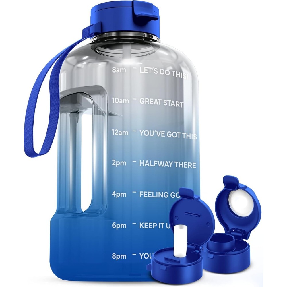 AQUAFIT 128 oz Water Bottle with Time Marker - Straw & Chug Lid - BPA Free 1 Gallon Gym Water Bottle with Handle - Big Gallon Jug (Blue Skies, 128 Ounces)