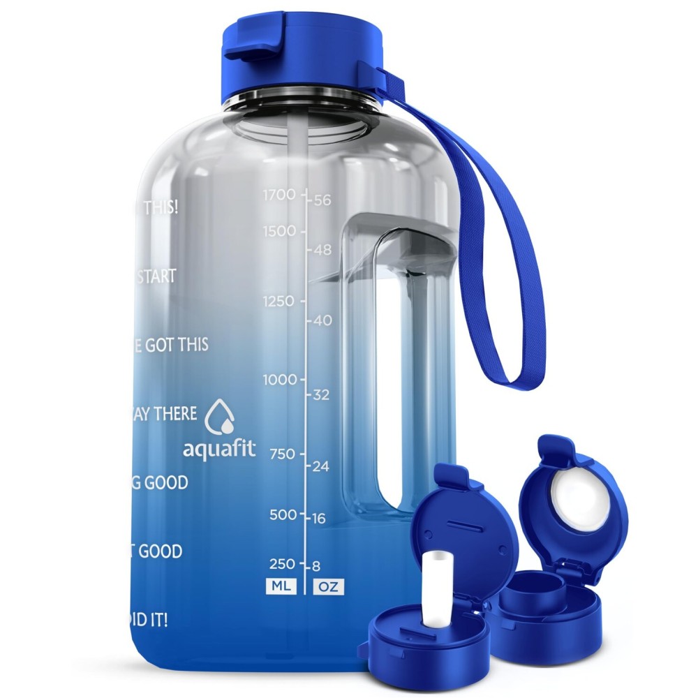AQUAFIT Half Gallon Water Bottle with Time Marker - Straw & Chug Lid - BPA Free Gym Water Bottle with Straw - Big Gallon Jug (Blue Skies, 64 oz - 2 Lids)