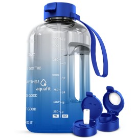 AQUAFIT Half Gallon Water Bottle with Time Marker - Straw & Chug Lid - BPA Free Gym Water Bottle with Straw - Big Gallon Jug (Blue Skies, 64 oz - 2 Lids)