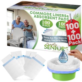 Commode Liners with Absorbent Pads - 100 Bedside Commode Liners & Pads - Portable Toilet Bags for Porta Potty & Camping - No More Days Washing The Bucket of The Commode Chair for Toilet with Arms