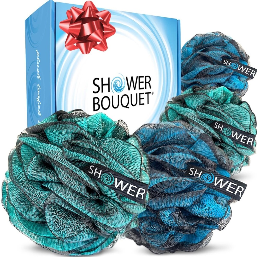 SHOWER BOUQUET Loofah-Charcoal Bath-Sponge XL-4-Pack-Blue-Green // Extra Large 75g Soft Mesh Color & Black Lufa Loofa Loufa Puff Set/Exfoliating Body Scrubber for Women and Men - Exfoliate & Soothe