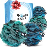 SHOWER BOUQUET Loofah-Charcoal Bath-Sponge XL-4-Pack-Blue-Green // Extra Large 75g Soft Mesh Color & Black Lufa Loofa Loufa Puff Set/Exfoliating Body Scrubber for Women and Men - Exfoliate & Soothe