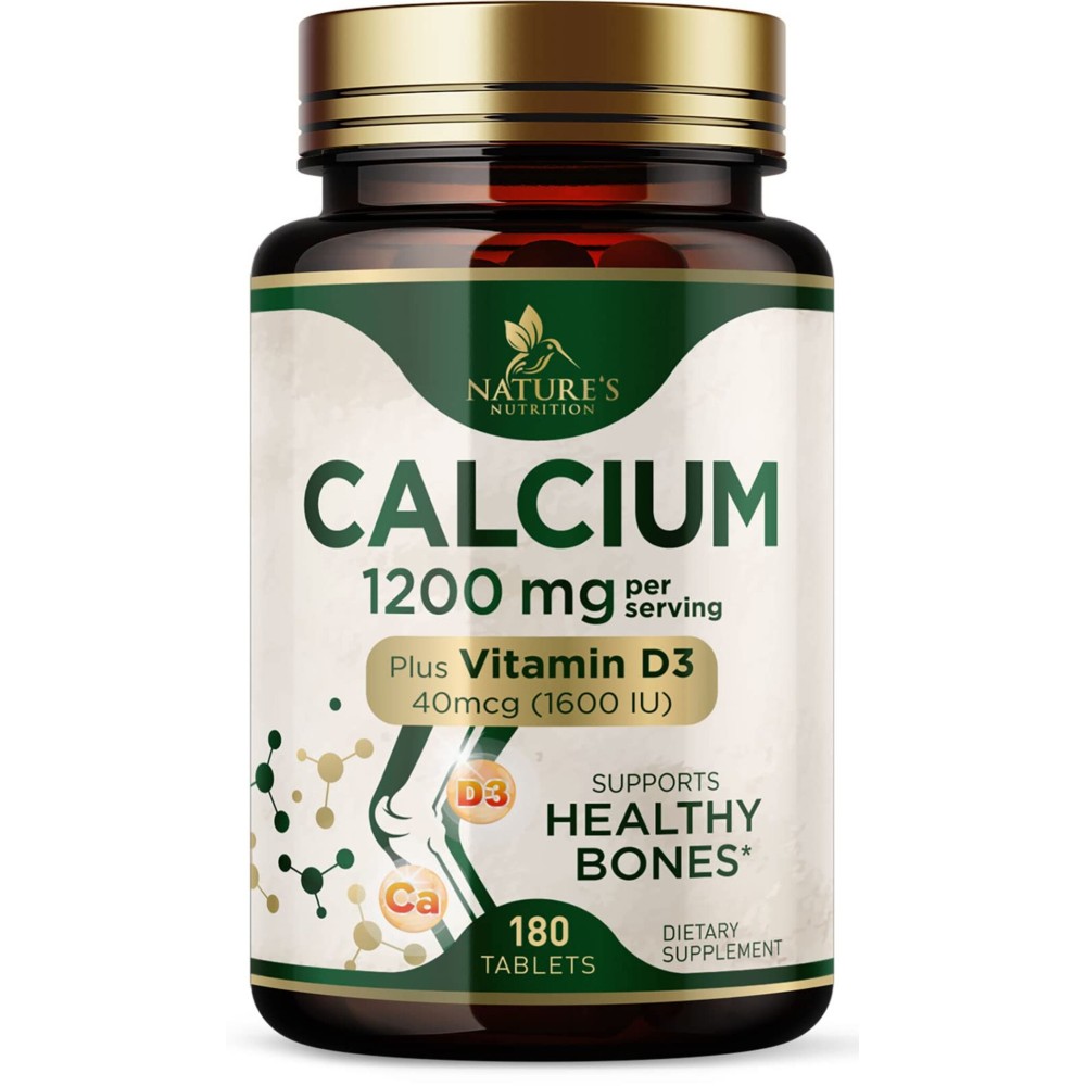 Calcium 1200 mg with Vitamin D3 - Bone Health Supplement, Vitamin D & Calcium Supplements for Women & Men - Bone Strength, Teeth & Immune Support, Nature\'s Calcium Pills, Bottled in USA - 180 Tablets