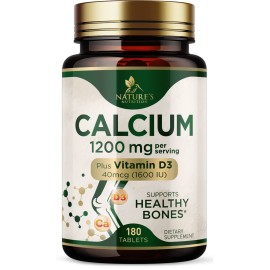 Calcium 1200 mg with Vitamin D3 - Bone Health Supplement, Vitamin D & Calcium Supplements for Women & Men - Bone Strength, Teeth & Immune Support, Nature\'s Calcium Pills, Bottled in USA - 180 Tablets