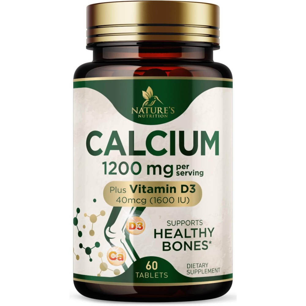 Calcium 1200 mg with Vitamin D3 - Bone Health Supplement, Vitamin D & Calcium Supplements for Women & Men - Bone Strength, Teeth & Immune Support, Nature\'s Calcium Pills, Bottled in USA - 60 Tablets
