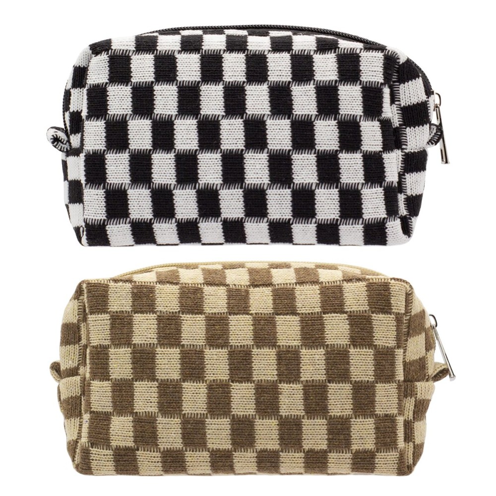 PAZIMIIK Checkered Makeup Bag for Purse Portable Zipper Make Up Pouch Small Cosmetic Case for Travel Accessories (2PCS Black Coffee)