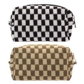 PAZIMIIK Checkered Makeup Bag for Purse Portable Zipper Make Up Pouch Small Cosmetic Case for Travel Accessories (2PCS Black Coffee)