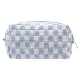 PAZIMIIK Checkered Makeup Bag for Purse Portable Zipper Make Up Pouch Small Cosmetic Case for Travel Accessories (Blue)