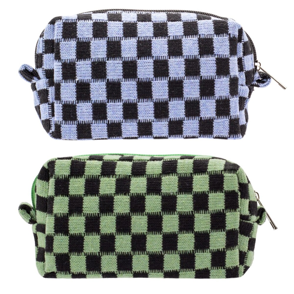 PAZIMIIK Checkered Makeup Bag for Purse Portable Zipper Make Up Pouch Small Cosmetic Case for Travel Accessories (2PCS Green Blue)