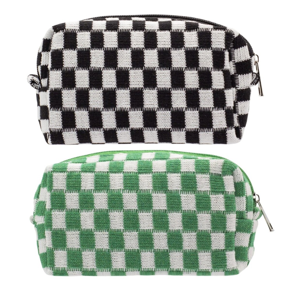 PAZIMIIK Checkered Makeup Bag for Purse Portable Zipper Make Up Pouch Small Cosmetic Case for Travel Accessories (2PCS Black Green)